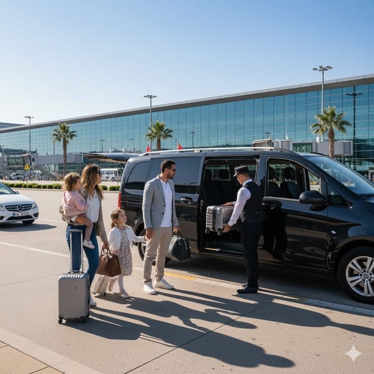 Family being assisted by a chauffeur into a black Mercedes van outside the airport terminal