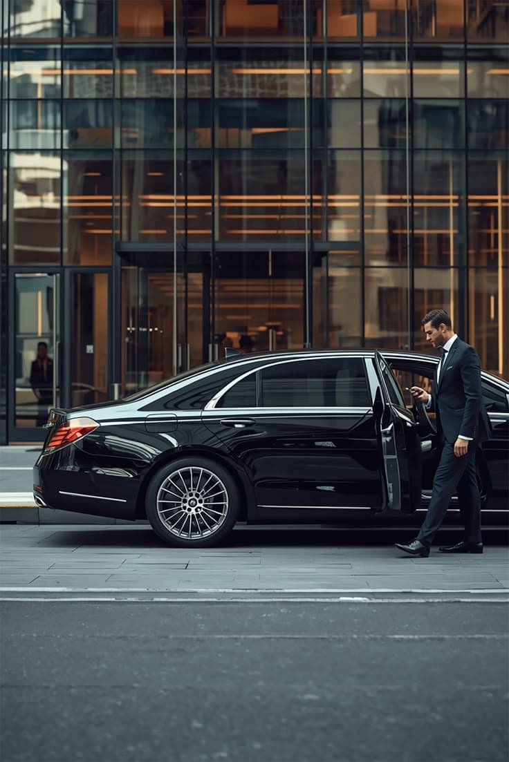 Chauffeur in a suit opening the rear door of a black Mercedes-Benz S-Class outside a glass office building
