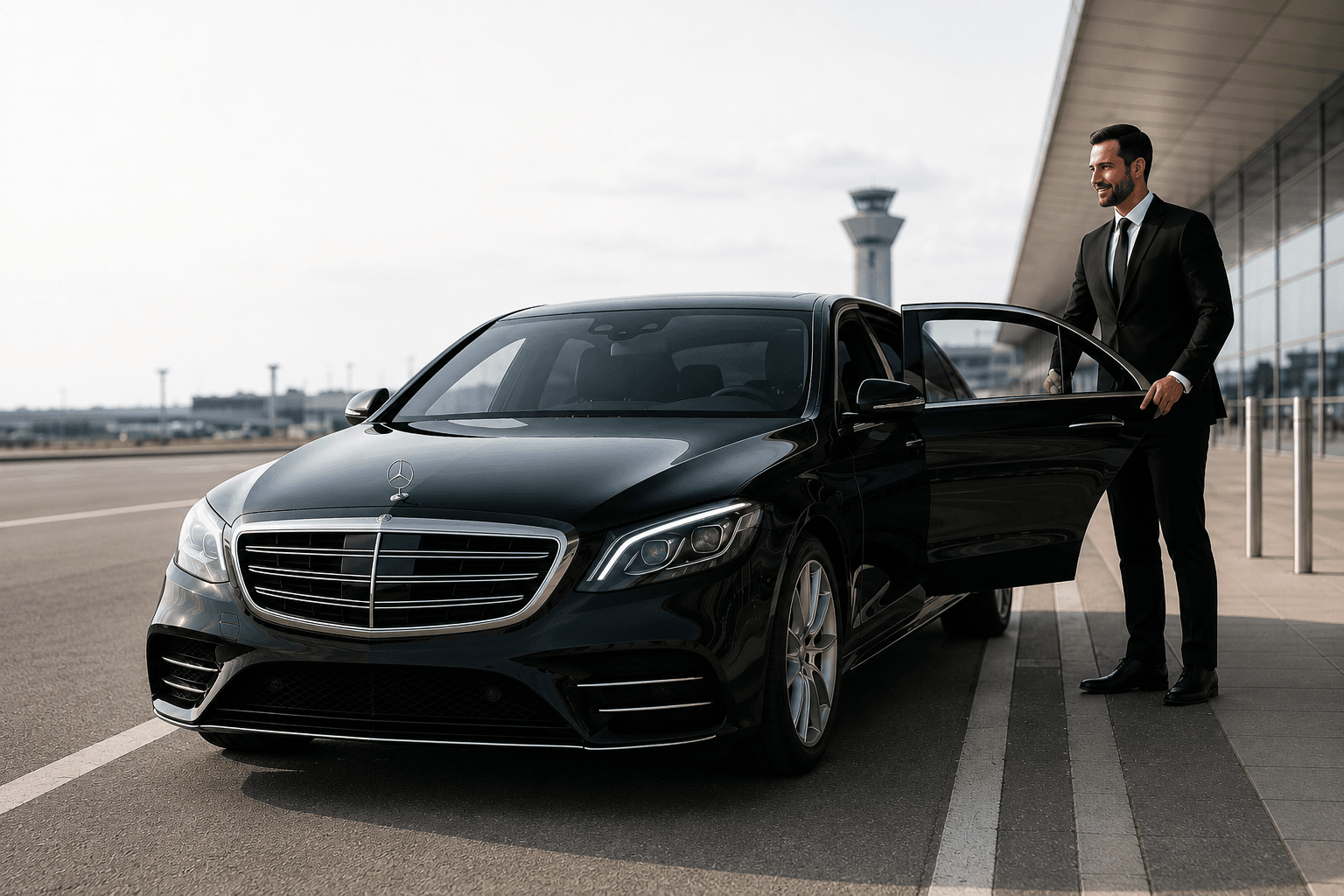 Professional chauffeur opening door of black Mercedes-Benz S-Class at airport terminal