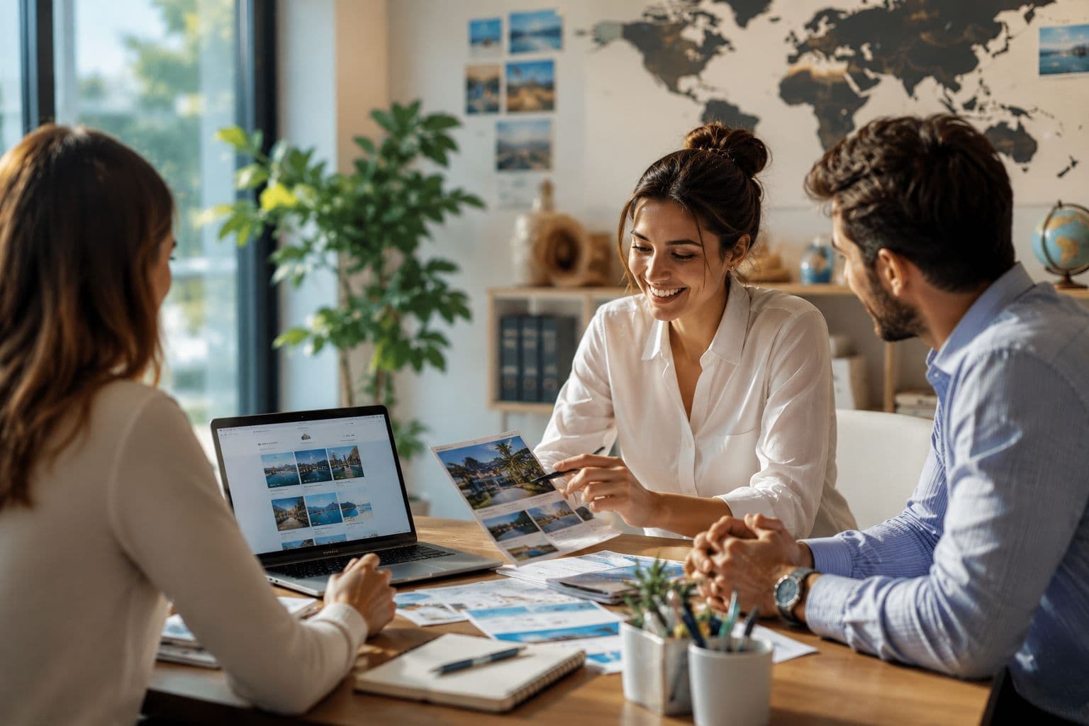 Travel agents reviewing trips together with a client at a desk