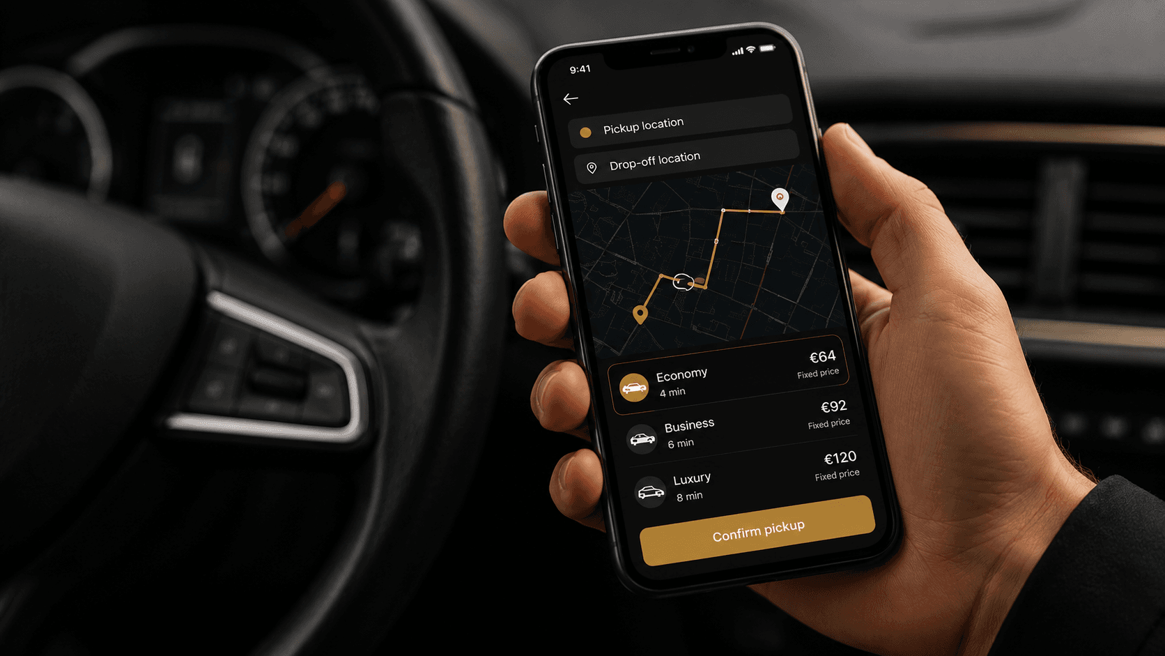 Hand holding phone with booking app showing route and vehicle prices