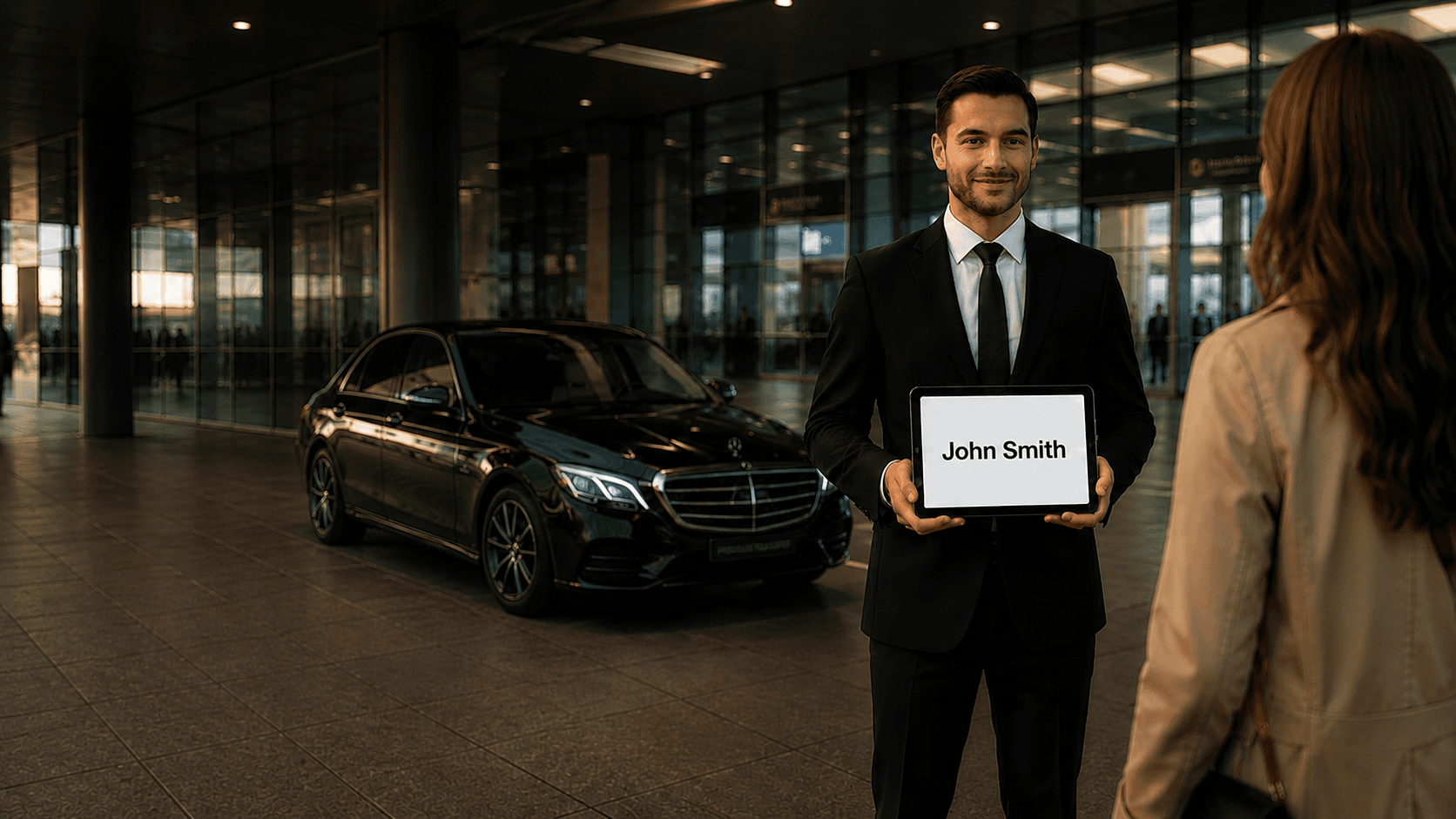 Chauffeur greeting passenger at airport terminal